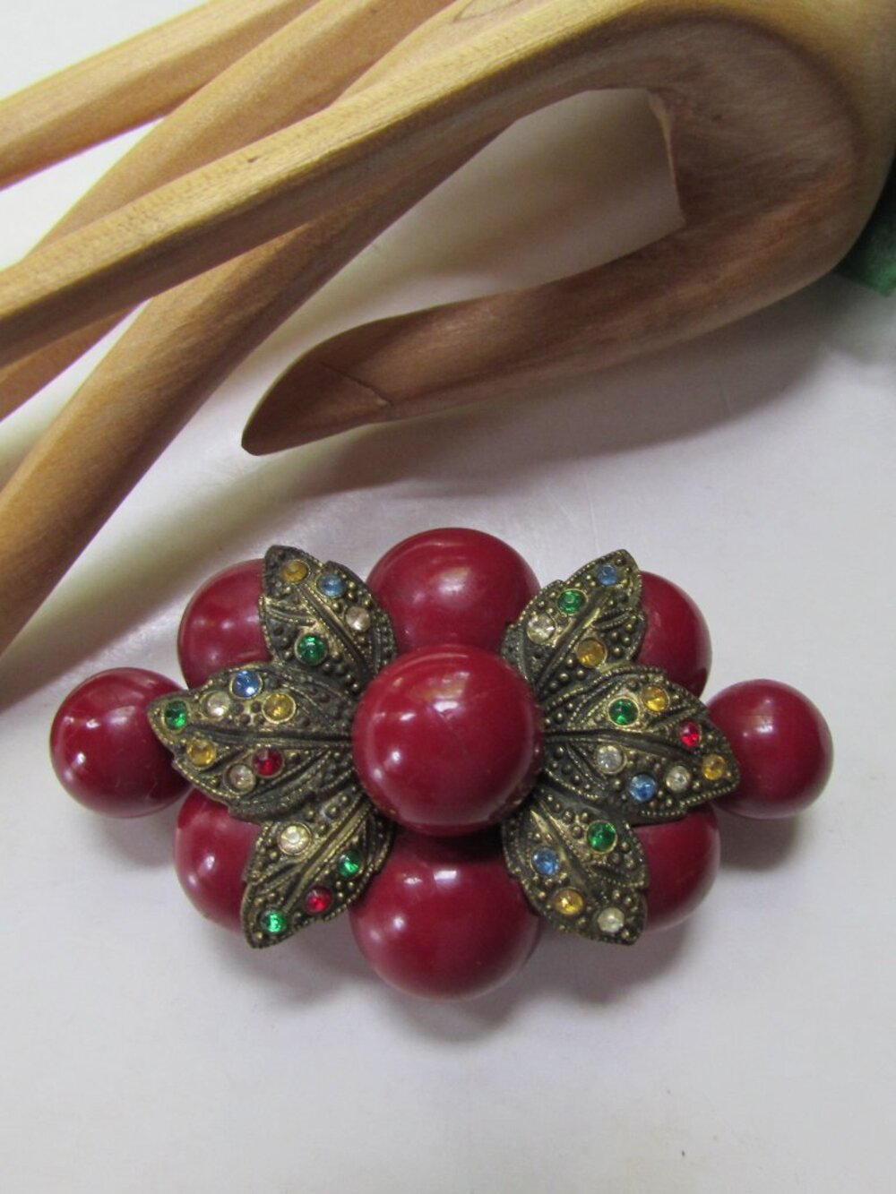 1930 Style Brooch Wine Red Beads Antiqued Gold Mount